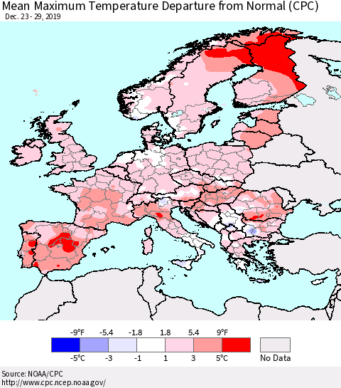 Europe Mean Maximum Temperature Departure from Normal (CPC) Thematic Map For 12/23/2019 - 12/29/2019