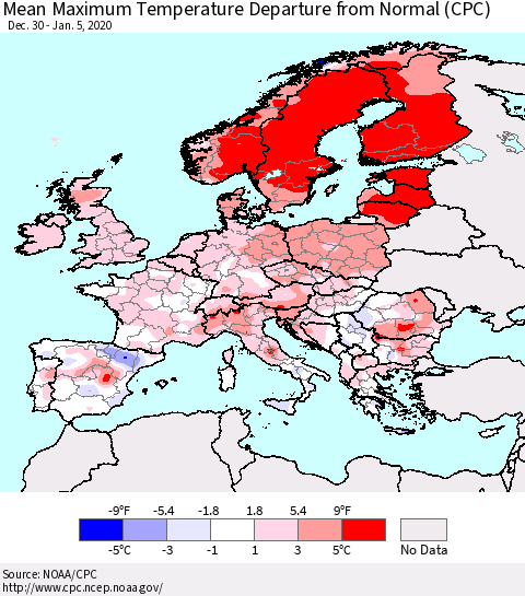 Europe Mean Maximum Temperature Departure from Normal (CPC) Thematic Map For 12/30/2019 - 1/5/2020