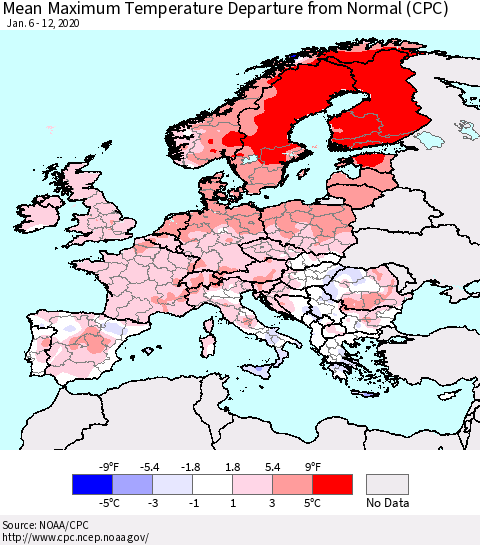Europe Mean Maximum Temperature Departure from Normal (CPC) Thematic Map For 1/6/2020 - 1/12/2020