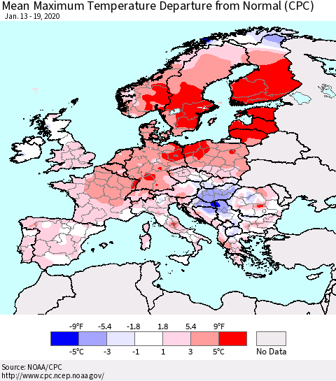 Europe Mean Maximum Temperature Departure from Normal (CPC) Thematic Map For 1/13/2020 - 1/19/2020
