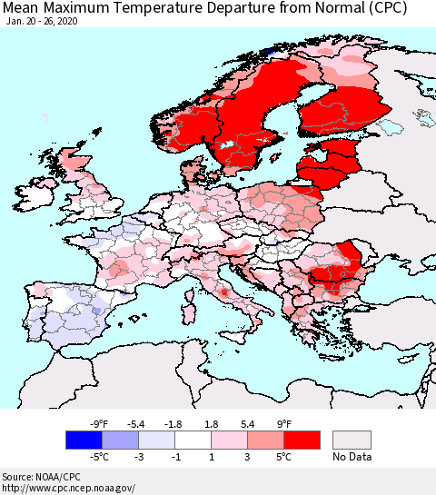 Europe Mean Maximum Temperature Departure from Normal (CPC) Thematic Map For 1/20/2020 - 1/26/2020