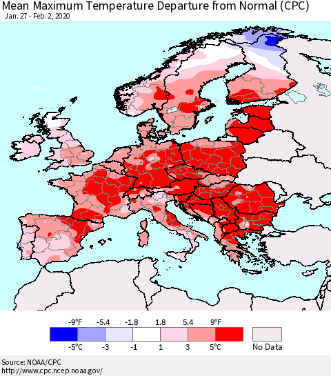 Europe Mean Maximum Temperature Departure from Normal (CPC) Thematic Map For 1/27/2020 - 2/2/2020