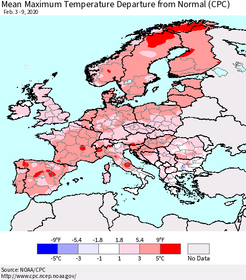 Europe Mean Maximum Temperature Departure from Normal (CPC) Thematic Map For 2/3/2020 - 2/9/2020