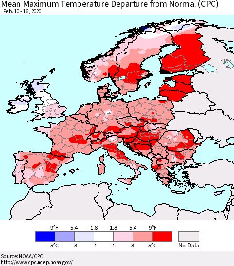 Europe Mean Maximum Temperature Departure from Normal (CPC) Thematic Map For 2/10/2020 - 2/16/2020