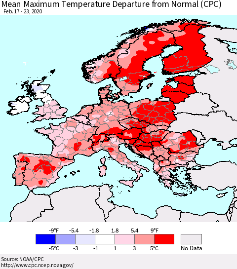 Europe Mean Maximum Temperature Departure from Normal (CPC) Thematic Map For 2/17/2020 - 2/23/2020