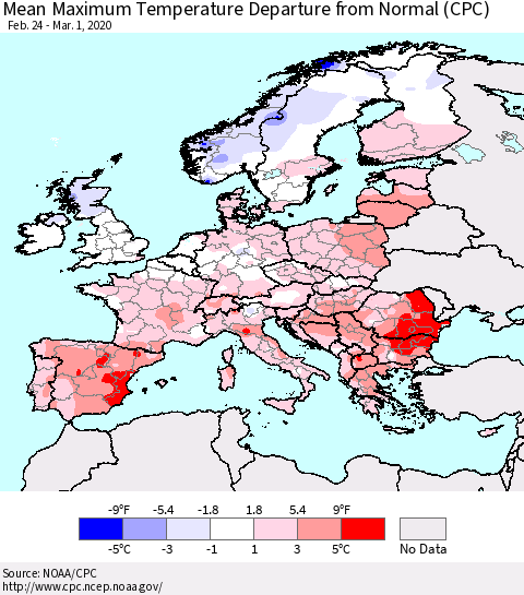 Europe Mean Maximum Temperature Departure from Normal (CPC) Thematic Map For 2/24/2020 - 3/1/2020