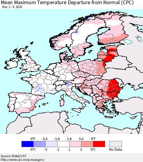 Europe Mean Maximum Temperature Departure from Normal (CPC) Thematic Map For 3/2/2020 - 3/8/2020