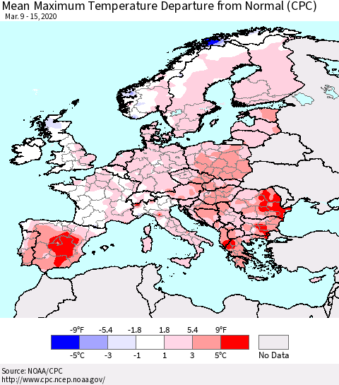 Europe Mean Maximum Temperature Departure from Normal (CPC) Thematic Map For 3/9/2020 - 3/15/2020