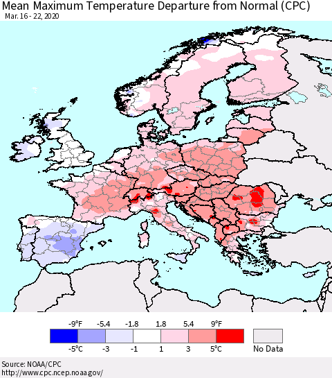 Europe Mean Maximum Temperature Departure from Normal (CPC) Thematic Map For 3/16/2020 - 3/22/2020