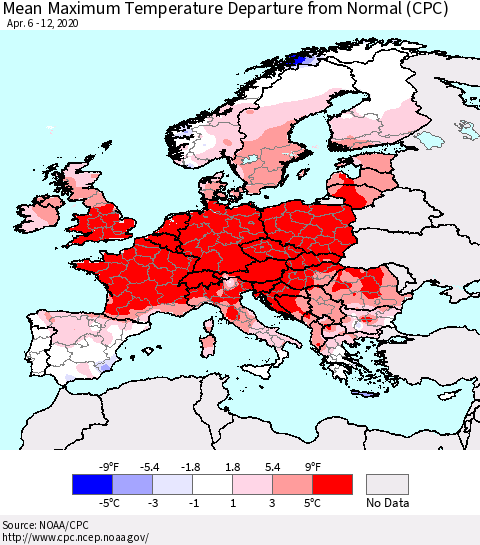 Europe Mean Maximum Temperature Departure from Normal (CPC) Thematic Map For 4/6/2020 - 4/12/2020