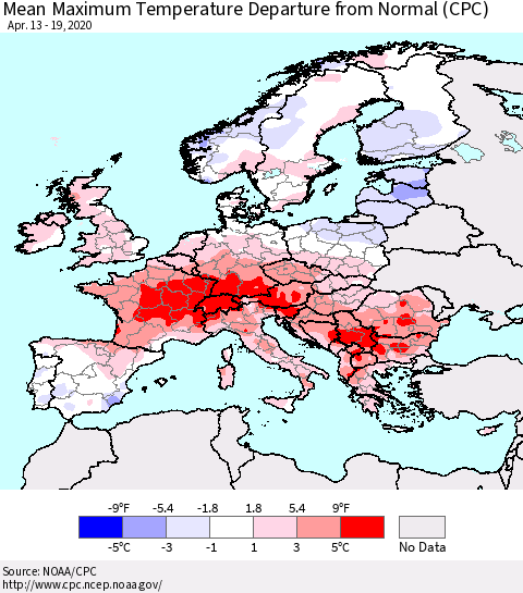 Europe Mean Maximum Temperature Departure from Normal (CPC) Thematic Map For 4/13/2020 - 4/19/2020
