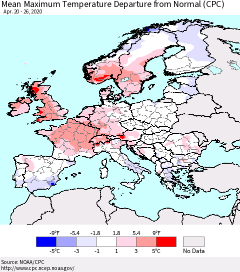 Europe Mean Maximum Temperature Departure from Normal (CPC) Thematic Map For 4/20/2020 - 4/26/2020