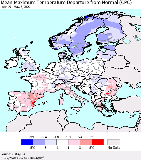 Europe Mean Maximum Temperature Departure from Normal (CPC) Thematic Map For 4/27/2020 - 5/3/2020