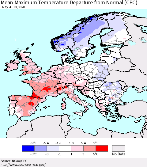 Europe Mean Maximum Temperature Departure from Normal (CPC) Thematic Map For 5/4/2020 - 5/10/2020