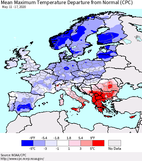 Europe Mean Maximum Temperature Departure from Normal (CPC) Thematic Map For 5/11/2020 - 5/17/2020