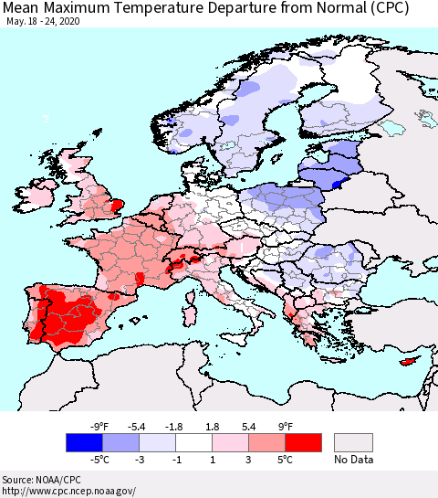 Europe Mean Maximum Temperature Departure from Normal (CPC) Thematic Map For 5/18/2020 - 5/24/2020