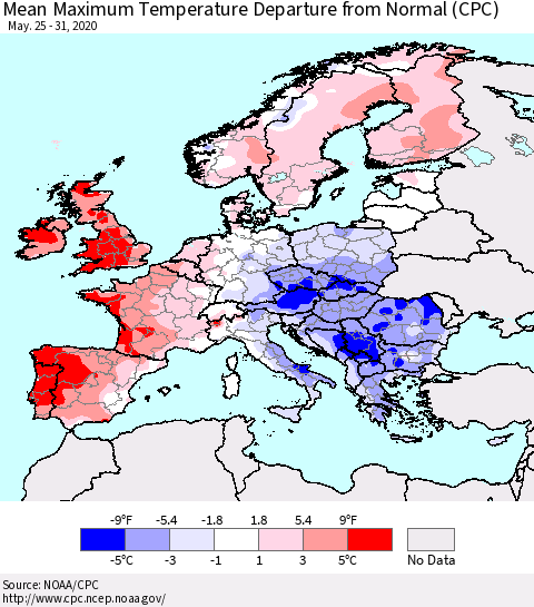Europe Mean Maximum Temperature Departure from Normal (CPC) Thematic Map For 5/25/2020 - 5/31/2020