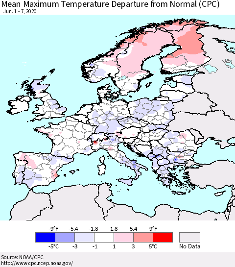 Europe Mean Maximum Temperature Departure from Normal (CPC) Thematic Map For 6/1/2020 - 6/7/2020