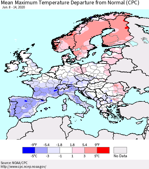 Europe Mean Maximum Temperature Departure from Normal (CPC) Thematic Map For 6/8/2020 - 6/14/2020