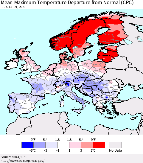 Europe Mean Maximum Temperature Departure from Normal (CPC) Thematic Map For 6/15/2020 - 6/21/2020