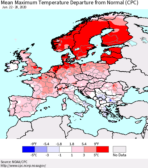 Europe Mean Maximum Temperature Departure from Normal (CPC) Thematic Map For 6/22/2020 - 6/28/2020
