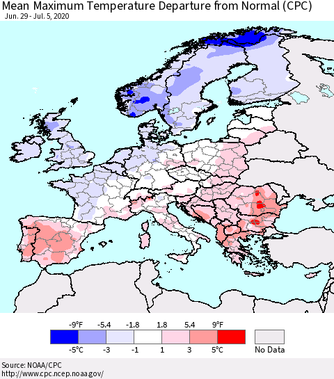 Europe Mean Maximum Temperature Departure from Normal (CPC) Thematic Map For 6/29/2020 - 7/5/2020