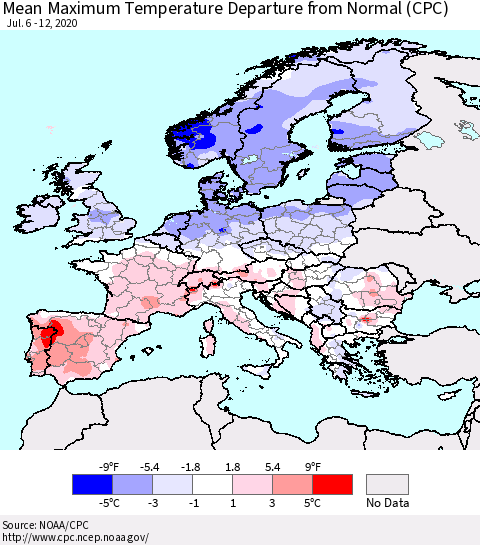 Europe Mean Maximum Temperature Departure from Normal (CPC) Thematic Map For 7/6/2020 - 7/12/2020