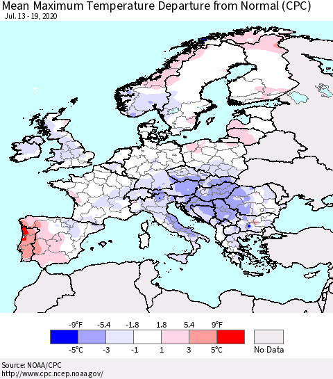 Europe Mean Maximum Temperature Departure from Normal (CPC) Thematic Map For 7/13/2020 - 7/19/2020
