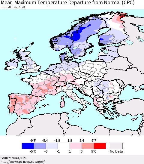 Europe Mean Maximum Temperature Departure from Normal (CPC) Thematic Map For 7/20/2020 - 7/26/2020
