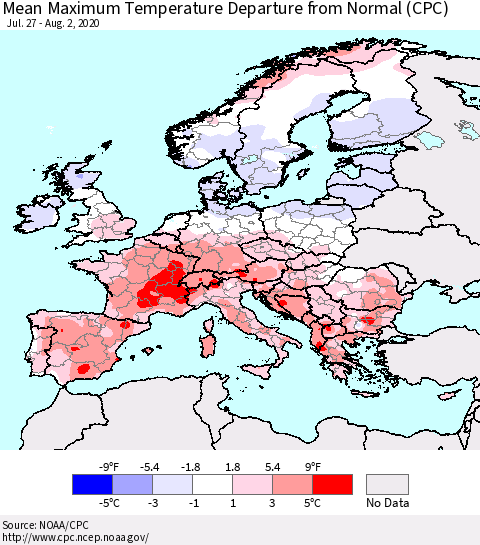 Europe Mean Maximum Temperature Departure from Normal (CPC) Thematic Map For 7/27/2020 - 8/2/2020