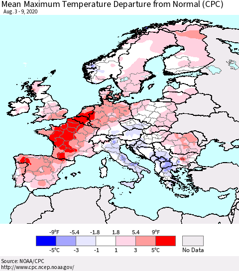 Europe Mean Maximum Temperature Departure from Normal (CPC) Thematic Map For 8/3/2020 - 8/9/2020