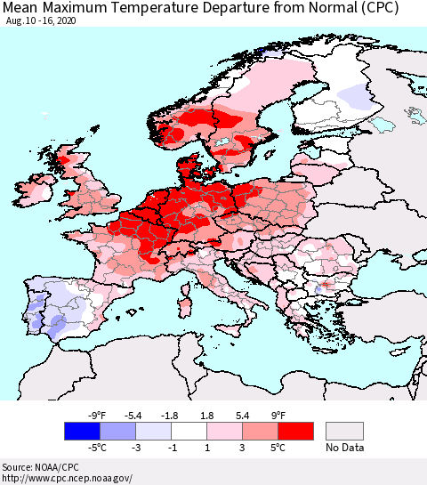 Europe Mean Maximum Temperature Departure from Normal (CPC) Thematic Map For 8/10/2020 - 8/16/2020