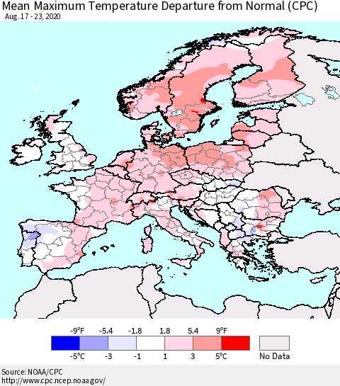 Europe Mean Maximum Temperature Departure from Normal (CPC) Thematic Map For 8/17/2020 - 8/23/2020