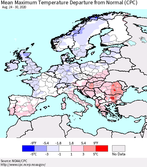 Europe Mean Maximum Temperature Departure from Normal (CPC) Thematic Map For 8/24/2020 - 8/30/2020