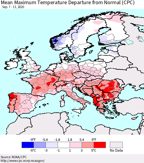 Europe Mean Maximum Temperature Departure from Normal (CPC) Thematic Map For 9/7/2020 - 9/13/2020