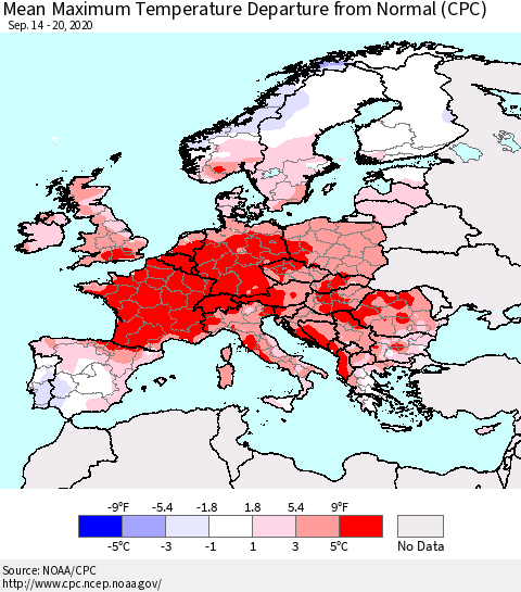 Europe Mean Maximum Temperature Departure from Normal (CPC) Thematic Map For 9/14/2020 - 9/20/2020