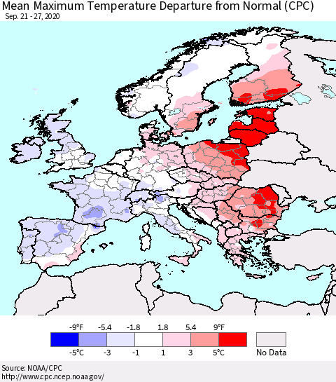 Europe Mean Maximum Temperature Departure from Normal (CPC) Thematic Map For 9/21/2020 - 9/27/2020