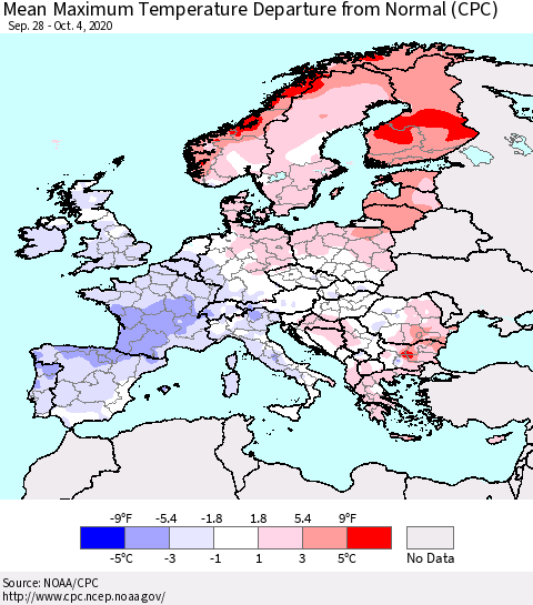 Europe Mean Maximum Temperature Departure from Normal (CPC) Thematic Map For 9/28/2020 - 10/4/2020