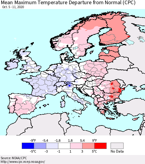 Europe Mean Maximum Temperature Departure from Normal (CPC) Thematic Map For 10/5/2020 - 10/11/2020