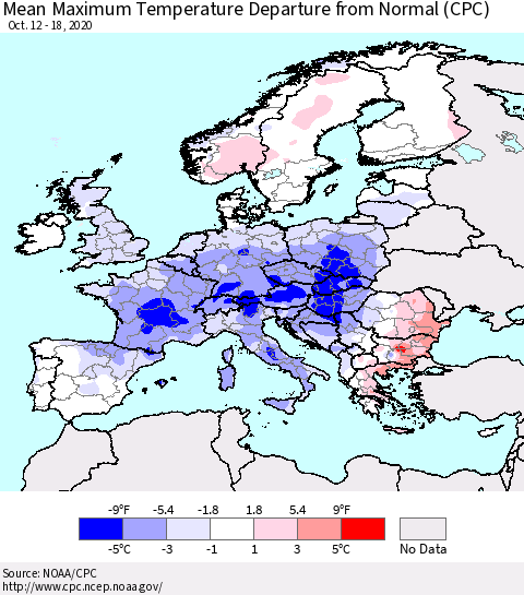 Europe Mean Maximum Temperature Departure from Normal (CPC) Thematic Map For 10/12/2020 - 10/18/2020