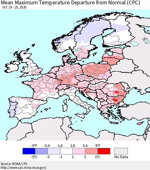 Europe Mean Maximum Temperature Departure from Normal (CPC) Thematic Map For 10/19/2020 - 10/25/2020