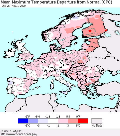 Europe Mean Maximum Temperature Departure from Normal (CPC) Thematic Map For 10/26/2020 - 11/1/2020