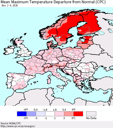 Europe Mean Maximum Temperature Departure from Normal (CPC) Thematic Map For 11/2/2020 - 11/8/2020