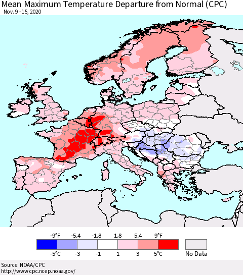 Europe Mean Maximum Temperature Departure from Normal (CPC) Thematic Map For 11/9/2020 - 11/15/2020