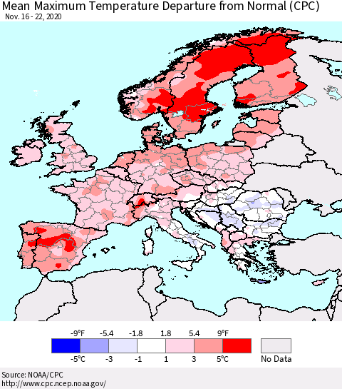 Europe Mean Maximum Temperature Departure from Normal (CPC) Thematic Map For 11/16/2020 - 11/22/2020