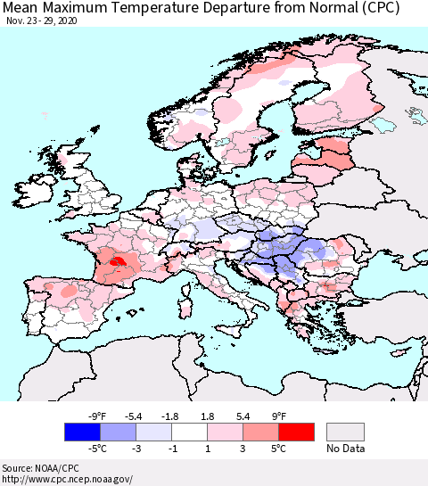 Europe Mean Maximum Temperature Departure from Normal (CPC) Thematic Map For 11/23/2020 - 11/29/2020
