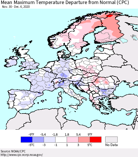 Europe Mean Maximum Temperature Departure from Normal (CPC) Thematic Map For 11/30/2020 - 12/6/2020