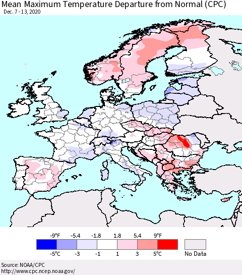 Europe Mean Maximum Temperature Departure from Normal (CPC) Thematic Map For 12/7/2020 - 12/13/2020
