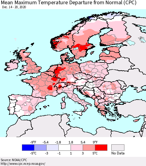 Europe Mean Maximum Temperature Departure from Normal (CPC) Thematic Map For 12/14/2020 - 12/20/2020