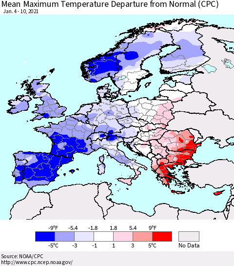 Europe Mean Maximum Temperature Departure from Normal (CPC) Thematic Map For 1/4/2021 - 1/10/2021